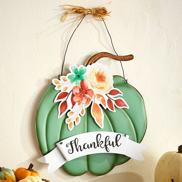 🎃 Thanksgiving Fall Tin Wall Door Hanger Green Pumpkin w Banner THANKFUL NIB - Picture 2 of 2